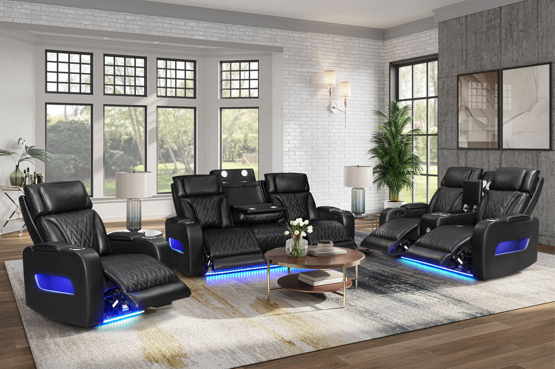 Dubai Sand/Black - 3PC Power Reclining Set-POWER RECLINING POWER HEADREST -HIDDEN STORAGE IN EACH ARM-LED LIGHTS, BLUETOOTH SPEAKER