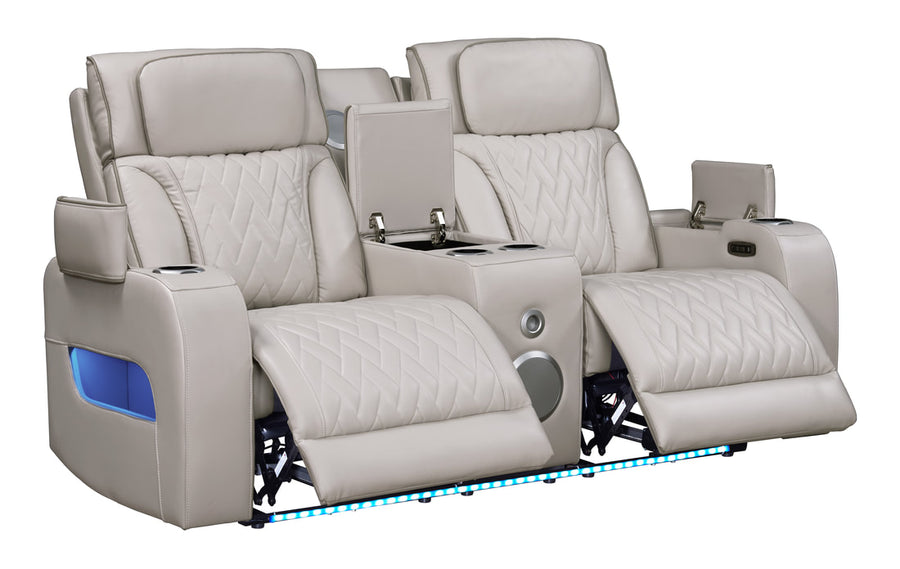 Dubai Sand/Black - 3PC Power Reclining Set-POWER RECLINING POWER HEADREST -HIDDEN STORAGE IN EACH ARM-LED LIGHTS, BLUETOOTH SPEAKER