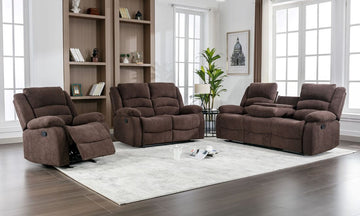 Dynamo2-CHOCOLATE 3PC Reclining Set, Sofa w/ drop down + 2 cupholders, Loveseat & Rocking Chair / PRE-ORDER