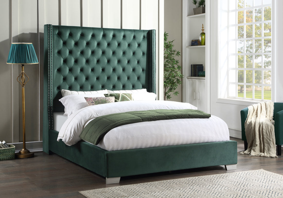 GREEN VELVET KING UPHOLSTERED BED (Mattress Sold Separately)