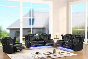 3PC Black Manual Reclining Set, Bluetooth Speakers on Loveseat, Sofa Drop Down w/ 2 Charging Pads, Reading Lights, LED Lights, Storage Compartment in each Arms