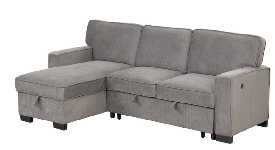 Marcos Gray Sleeper Sectional, With Pull-Out Bed, Storage Chaise, Drop Down Table + 2 Cupholders & 2 USB Charging Ports