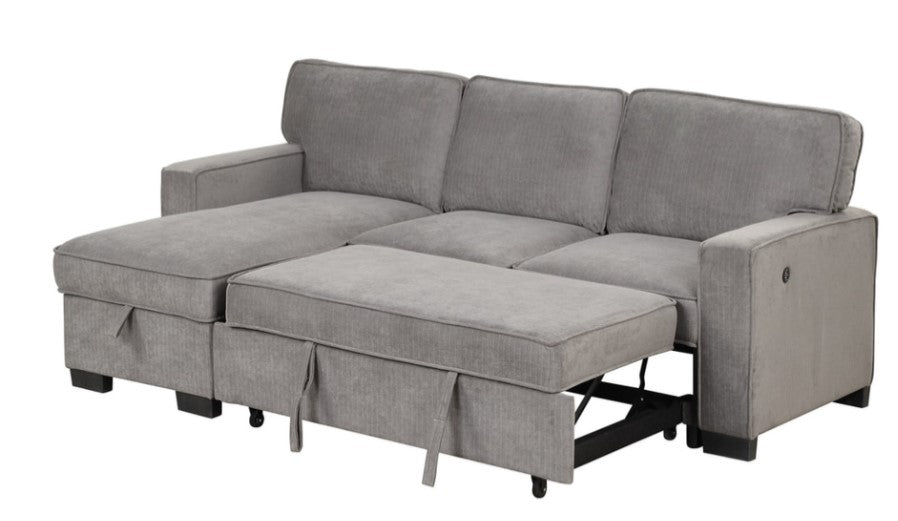 Marcos Gray Sleeper Sectional, With Pull-Out Bed, Storage Chaise, Drop Down Table + 2 Cupholders & 2 USB Charging Ports