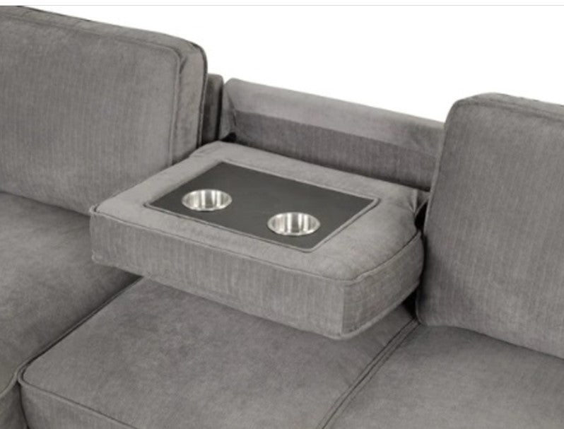 Marcos Gray Sleeper Sectional, With Pull-Out Bed, Storage Chaise, Drop Down Table + 2 Cupholders & 2 USB Charging Ports