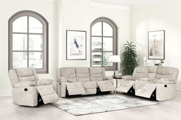 OLIVER Beige RECLINING SET - 3 PC. - SOFA, LOVESEAT w/Storage Console with Stainless Steel Cupholders & RECLINER / PRE-ORDER