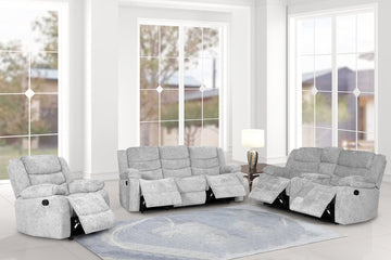 OLIVER Silver RECLINING SET - 3 PC. - SOFA, LOVESEAT w/Storage Console with Stainless Steel Cupholders & RECLINER / PRE-ORDER