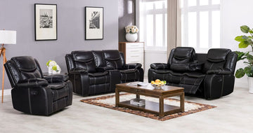 Reno Brown, Black - 2PC or 3PC Reclining Set, Reclining Sofa with Drop Down Table w/ Power Box/Outlet - Reclining Loveseat with Console w/ Power Box/Outlet & Reclining Glider Chair / PRE-ORDER