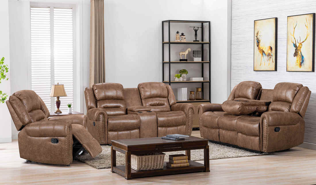 Rivercreek2023 - 3pc Brown Reclining Set in Palomino, Sofa with Drop Down Table with Cupholders, Loveseat includes storage with cupholders & Rocking Chair / PRE-ORDER