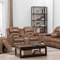 Rivercreek2023 - 3pc Brown Reclining Set in Palomino, Sofa with Drop Down Table with Cupholders, Loveseat includes storage with cupholders & Rocking Chair / PRE-ORDER