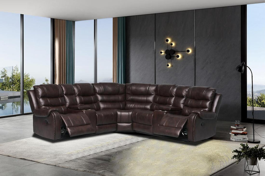 Rose Brown/Navy/Stone Manuel Reclining Sectional in Leather Gel, 2 Storage Consoles with Stainless Steel Cupholders / PRE-ORDER