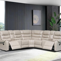 Rose Brown/Navy/Stone Manuel Reclining Sectional in Leather Gel, 2 Storage Consoles with Stainless Steel Cupholders / PRE-ORDER