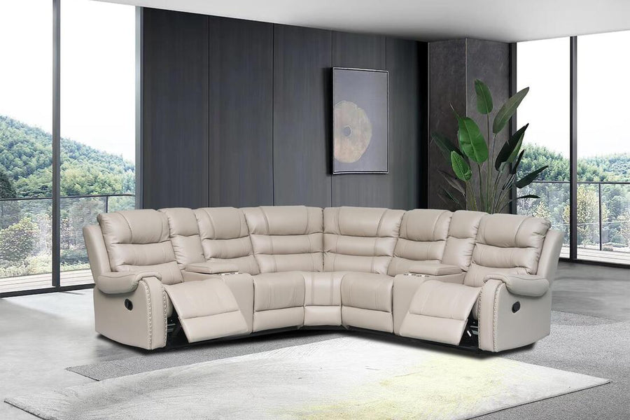 Rose Brown/Navy/Stone Manuel Reclining Sectional in Leather Gel, 2 Storage Consoles with Stainless Steel Cupholders / PRE-ORDER