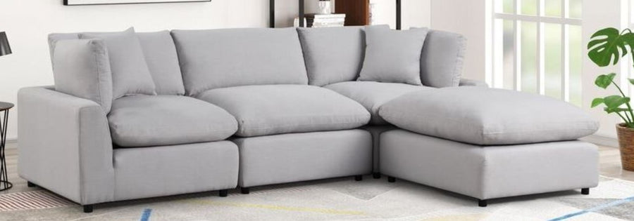 SKY Gray Linen Modular Sectional, Sturdy solid wood frame, Feather & Plush Cotton Cushions, Equipped with plastic foot glides, the corner piece includes two back pillows and a throw pillow