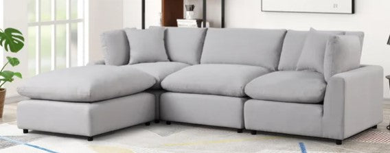 SKY Gray Linen Modular Sectional, Sturdy solid wood frame, Feather & Plush Cotton Cushions, Equipped with plastic foot glides, the corner piece includes two back pillows and a throw pillow