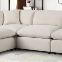 SKY Sand Linen Modular Sectional, Sturdy solid wood frame, Feather & Plush Cotton Cushions, Equipped with plastic foot glides, the corner piece includes two back pillows and a throw pillow