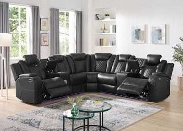 Spaceship Black/Espresso/Sand Power Reclining Sectional in Leather Gel, Features 2 power footrest & headrest , LED light strips, Bluetooth Speaker, 2 Storage Consoles with Stainless Steel Cupholders / PRE-ORDER