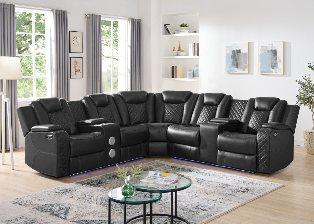 Spaceship Black/Espresso/Sand Power Reclining Sectional in Leather Gel, Features 2 power footrest & headrest , LED light strips, Bluetooth Speaker, 2 Storage Consoles with Stainless Steel Cupholders / PRE-ORDER