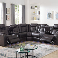 Spaceship Black/Espresso/Sand Power Reclining Sectional in Leather Gel, Features 2 power footrest & headrest , LED light strips, Bluetooth Speaker, 2 Storage Consoles with Stainless Steel Cupholders / PRE-ORDER