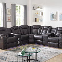 Spaceship Black/Espresso/Sand Power Reclining Sectional in Leather Gel, Features 2 power footrest & headrest , LED light strips, Bluetooth Speaker, 2 Storage Consoles with Stainless Steel Cupholders / PRE-ORDER