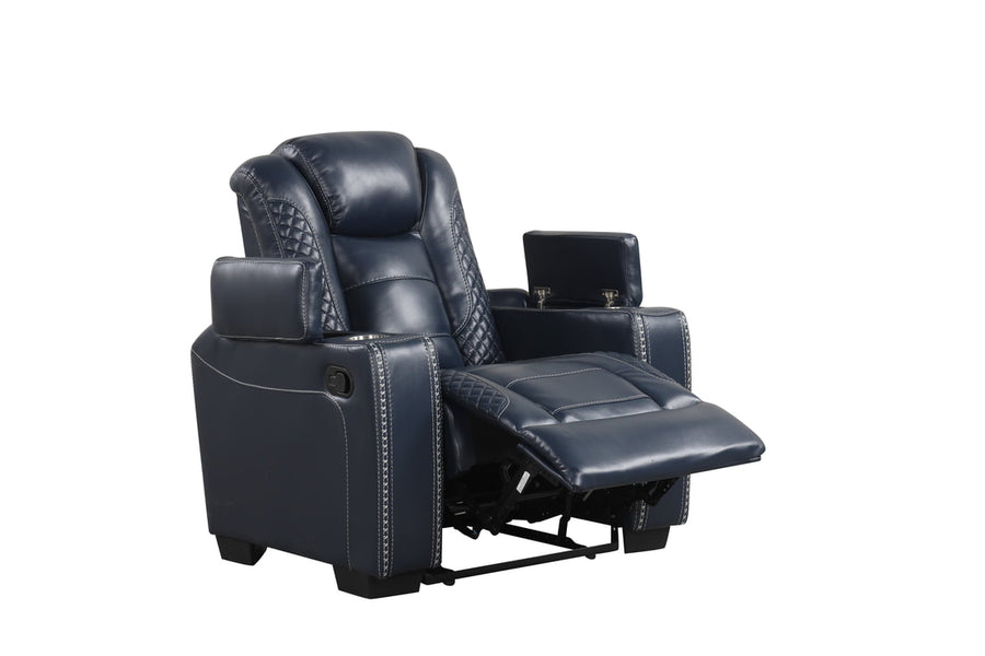 STEFANO40 3PC Blue Leather Reclining Set w/BLUETOOTH Speaker, CupHolders, Charging Pads, LED Strips & Storages in each arm