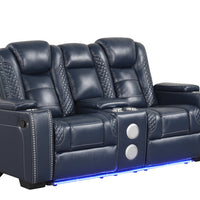 STEFANO40 3PC Blue Leather Reclining Set w/BLUETOOTH Speaker, CupHolders, Charging Pads, LED Strips & Storages in each arm