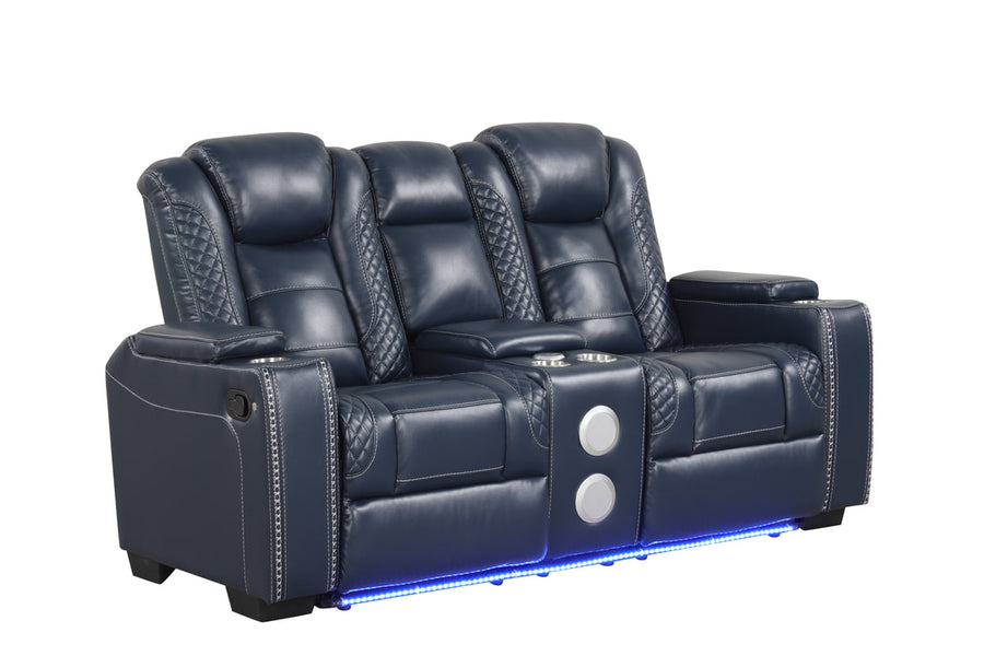 STEFANO40 3PC Blue Leather Reclining Set w/BLUETOOTH Speaker, CupHolders, Charging Pads, LED Strips & Storages in each arm