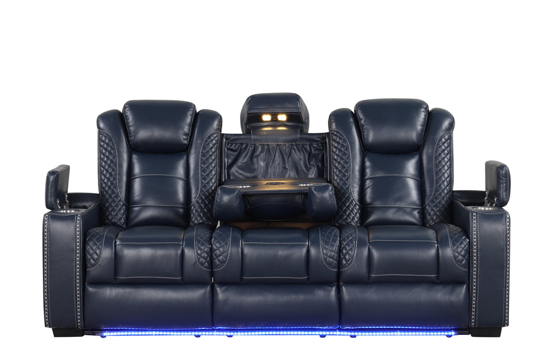 STEFANO40 3PC Blue Leather Reclining Set w/BLUETOOTH Speaker, CupHolders, Charging Pads, LED Strips & Storages in each arm