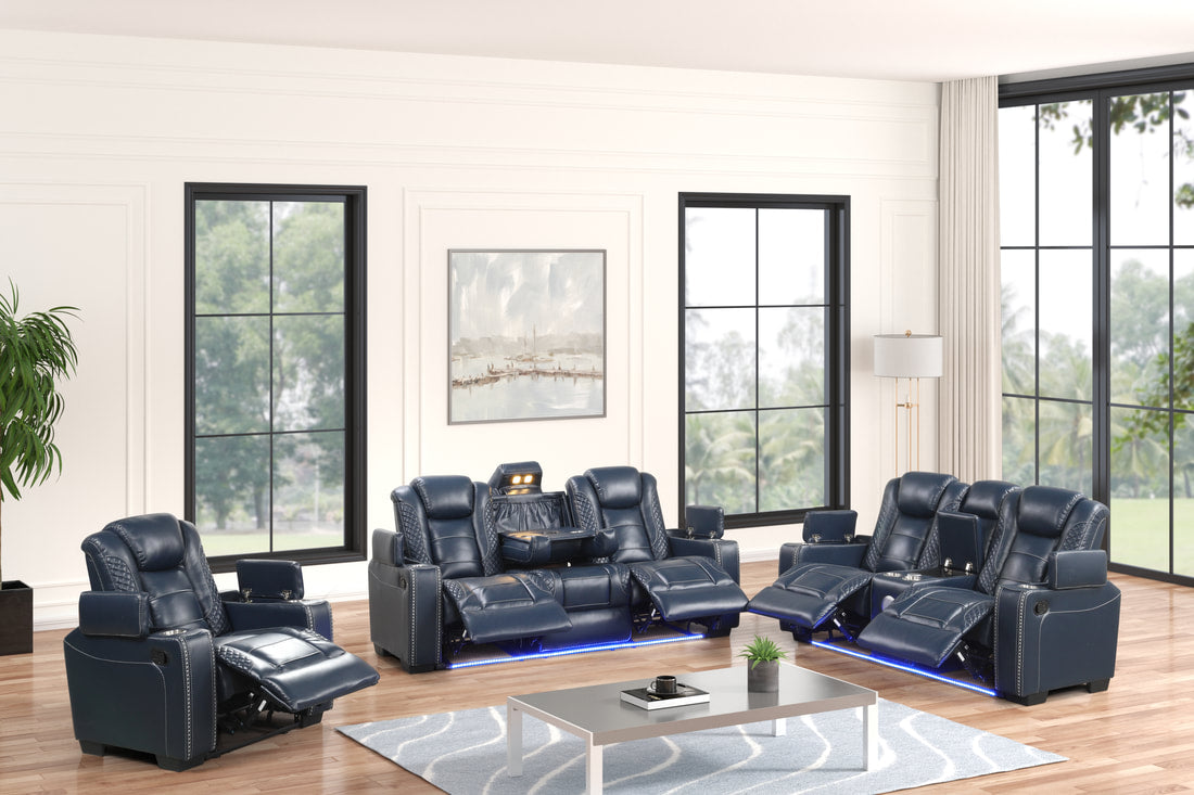 STEFANO40 3PC Blue Leather Reclining Set w/BLUETOOTH Speaker, CupHolders, Charging Pads, LED Strips & Storages in each arm