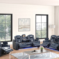 STEFANO40 3PC Blue Leather Reclining Set w/BLUETOOTH Speaker, CupHolders, Charging Pads, LED Strips & Storages in each arm