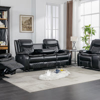 Weston Black - 3PC Reclining Living Room Set - Sofa Drop Down Table with Power Outlet/USB Charging Ports, Loveseat with Gliders and Storage Console with Power Outlet/USB Charging Ports & Rocking Chair / PRE-ORDER