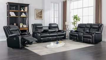 Weston Black - 3PC Reclining Living Room Set - Sofa Drop Down Table with Power Outlet/USB Charging Ports, Loveseat with Gliders and Storage Console with Power Outlet/USB Charging Ports & Rocking Chair / PRE-ORDER