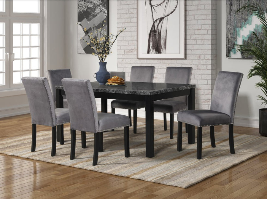 7PC-GREY- DINNING SET (FAUX MARBLE TOP), Grey Velvet Chair