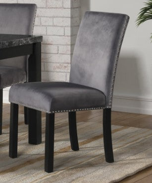 7PC-GREY- DINNING SET (FAUX MARBLE TOP), Grey Velvet Chair