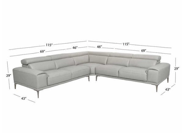 Quinton Top Grain Leather Sectional with Adjustable Headrests, Blue, Mirrored Gunmetal Gray Legs