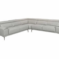 Quinton Top Grain Leather Sectional with Adjustable Headrests, Blue, Mirrored Gunmetal Gray Legs