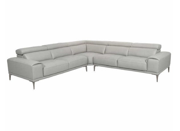 Quinton Top Grain Leather Sectional with Adjustable Headrests, Blue, Mirrored Gunmetal Gray Legs