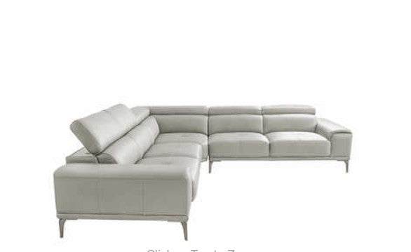 Quinton Top Grain Leather Sectional with Adjustable Headrests, Blue, Mirrored Gunmetal Gray Legs