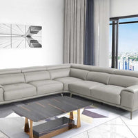 Quinton Top Grain Leather Sectional with Adjustable Headrests, Blue, Mirrored Gunmetal Gray Legs