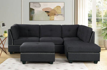 Sienna Black Linen Sectional w/Ottoman, Modern sectional & ottoman set with nailhead trim