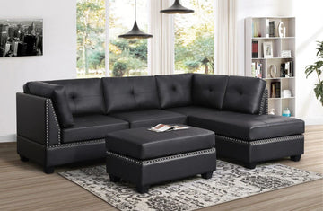 Sienna Black Faux Leather Sectional with Ottoman, Modern sectional & ottoman set with nailhead trim