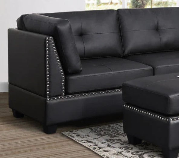 Sienna Black Faux Leather Sectional with Ottoman, Modern sectional & ottoman set with nailhead trim