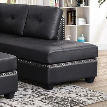 Sienna Black Faux Leather Sectional with Ottoman, Modern sectional & ottoman set with nailhead trim