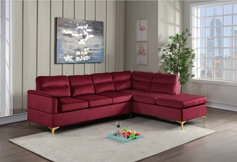 Vogue-Red Velvet Sectional, With Gold Accents