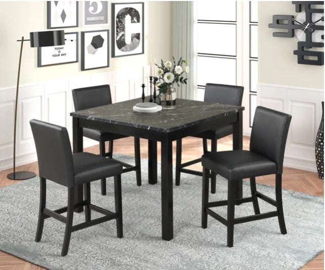 Dior 5PCS Counter Height Faux Marble Table & 4 Black Faux Leather Counter Height Chairs Dining Set