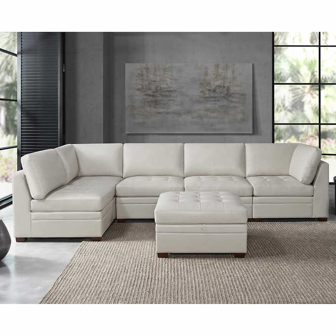 Thomasville Tisdale Leather Sectional with Storage Ottoman Cream